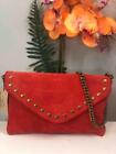 Nwt J.Crew Studded Orange Red Suede Leather Envelope Clutch With Chain