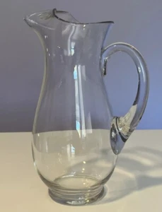 Pretty Clear Glass Mouth Blown Pitcher With Attached Glass Handle 9” Tall - Picture 1 of 15