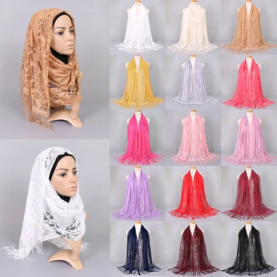 Women Girl Lace Hollow Tassel Scarf Floral Print Triangle Shawl Neck Wrap Tippe. - Image 1 of 4