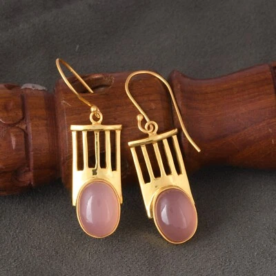 Pendientes de calcedonia rosa ovalada chapados en oro de 18k Art Deco pendientes de moda joyería Foto 1 de 4