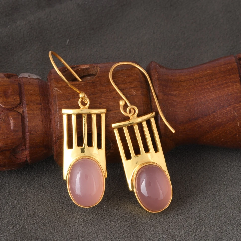 Pendientes de calcedonia rosa ovalada chapados en oro de 18k Art Deco pendientes de moda joyería Foto 1 de 4