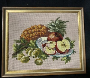 COMPLETED Framed Vintage Handmade Cross Stitch Fruit 12 x 9.5 inches - Picture 1 of 5