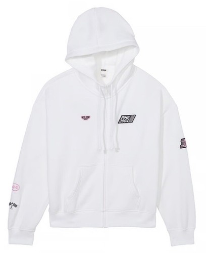 UNDERCOVER FELPA CON CAPPUCCIO VICTORIA'S SECRET ROSA RELAXED FULL ZIP L NUOVA CON ETICHETTE ? BIANCA RACING OVERSIZE