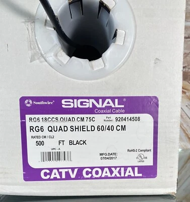 Southwire Black Video Signal Coaxial RG6 CATV 18AWG CCS QUAD 60/40 CM/CL2 - 25' - Image 1 of 4