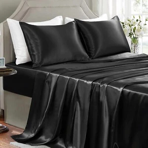 Satin Silk Sheet Set 3 Piece Black Bed Sheet Wrinkle Free Fitted Sheet Twin Size - Picture 1 of 8