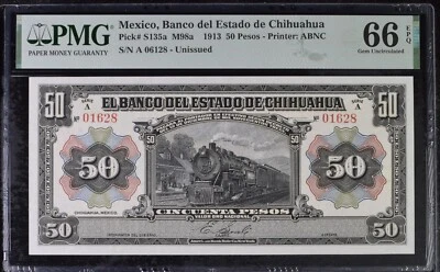 Mexico Banco del Est. de Chihuahua P#S135a M98a 1913 50 Pesos PMG Gem UNC 66 EPQ - Image 1 of 2