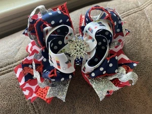 4 July Hair Bow Fireworks Firecracker Red White Blue Girl Bow patriotic military - Picture 1 of 2