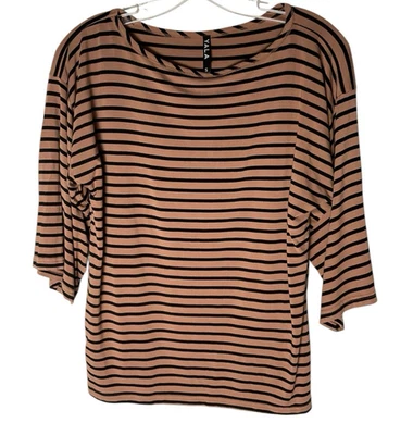 Top Yala Manga Ancha 3/4 Rosa Salmón Negro Rayas Bambú Suave Talla Pequeña Foto 1 de 4