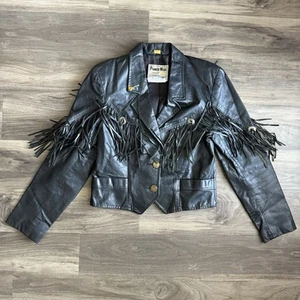 Vintage Leather Western Jacket Womens 10 Black Gold Fringed Biker Moto Goth - Picture 1 of 17
