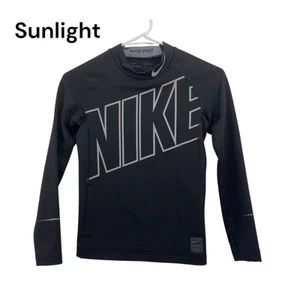 Nike Pro Youth Size M Black Long Sleeve High Neck Compression Shirt Bold Logo - Picture 1 of 11