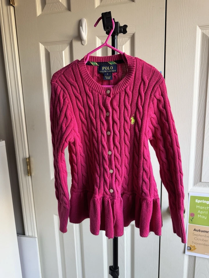 Polo Ralph Lauren Suéter Tejido con Cable Cárdigan Niñas Talla 6 Algodón Rosa  Foto 1 de 4