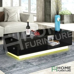 RGB LED Modern Black Coffee Table Storage Drawer Cabinet Gloss Wooden Furniture - Picture 1 of 9