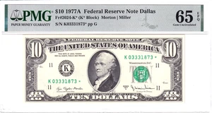 1977-A $10 Federal Reserve *STAR* Note Dallas PMG Gem Unc 65EPQ #K03331873* - Picture 1 of 2