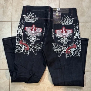 y2k Attitude Gold embroidered grunge emo baggy jeans mens 40x34 - Picture 1 of 7
