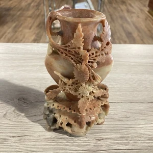Handmade Carved Soapstone Vase 6.25" Tall Floral Pattern - Picture 1 of 10