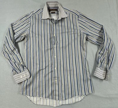 ETRO Slim Fit Dress Shirt Mens 39 Blue Tan Stripe Milano Italy Long Sleeve  - Image 1 of 4
