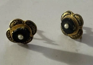Antique Black Enamel & Stone and Seed Pearl Earrings Screwback Gold Wash - Afbeelding 1 van 5