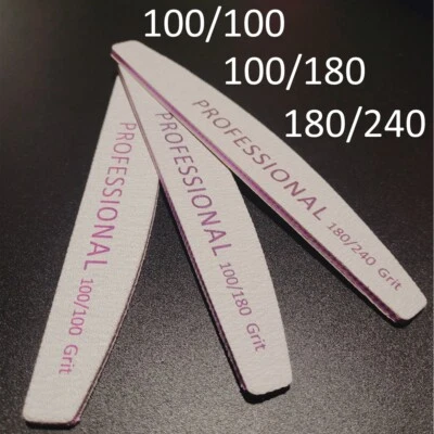 Nail Files 100/180/240 Grit Half Moon Emery Board Buffer File Diamond Curve Set - Image 1 of 4