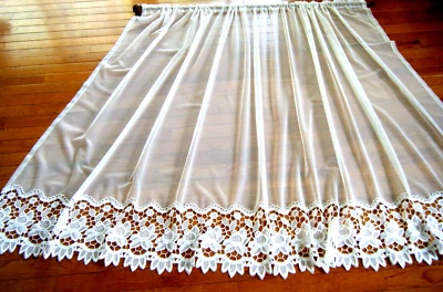 Vtg  Lace window Curtain/Valences  blended cotton floral border poly net 50"x8o" - Image 1 of 4