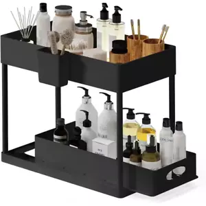 2-Tier Black Sliding Under Sink Organizer Cabinet with Basket Drawers - Picture 1 of 12