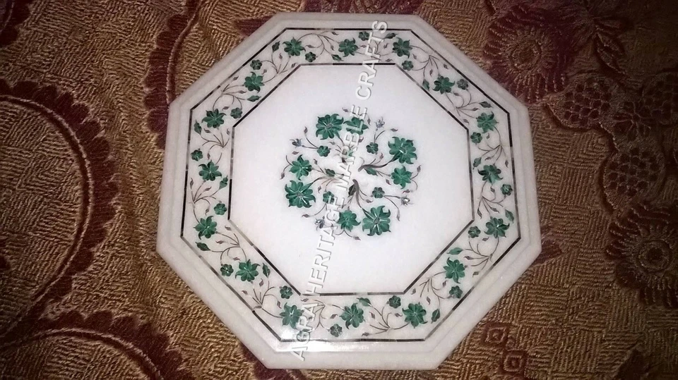 12" White Marble Console Coffee Table Top Malachite Inlay Floral Art Decor E1137 - Image 1 of 4