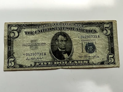 1953 A USA $5 Five Dollar Silver Certificate ~ STAR NOTE! Serial # *04290731 A - Image 1 of 2