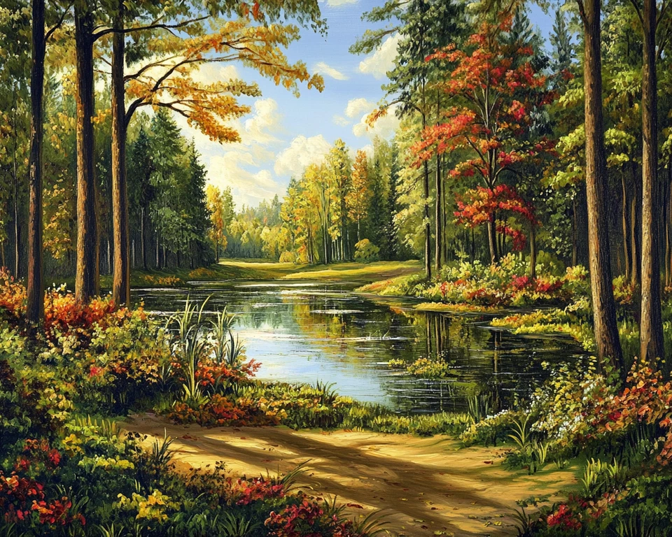 Hermosa pintura al óleo de árboles de otoño paisaje lago estanque 20x16 impresión sobre lienzo Foto 1 de 1