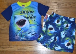 Up Late Shark 2 Piece Pajama Set Short Sleeve Top & Shorts Bottoms - Picture 1 of 3