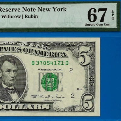1995 $5 FRN New York PMG 67EPQ Top Pop Highest Graded BD Block - Fr 1984-B - Image 1 of 4