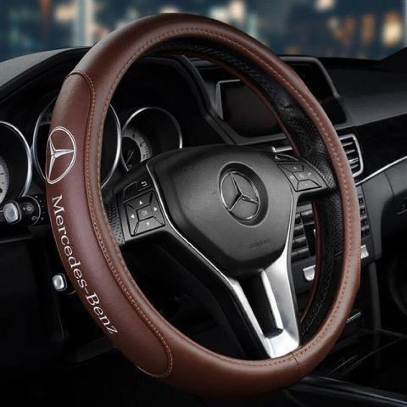 15" Car Accessories Steering Wheel Cover Brown Faux Leather For Mercedes Benz Foto 1 de 1