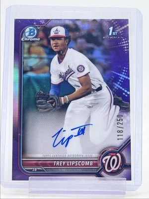 TREY LIPSCOMB 2022 BOWMAN CHROME DRAFT 1ST PURPLE REFRACTOR AUTO /250 Q0234 - Image 1 of 2