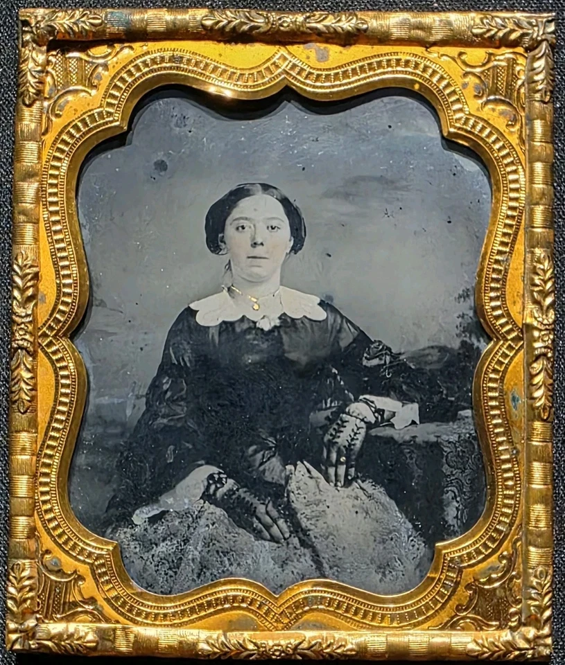 1850s 1/6 Ambrotype Woman Gold Tinted Necklace Ring Lace Gloves Antique Photo - Image 1 of 4