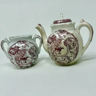 Juego de té infantil de 3 piezas Staffordshire rojo Transferware Little May con perro Newfie Foto 1 de 4
