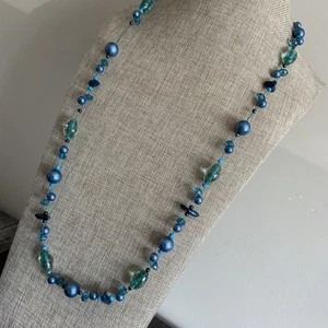 Modern teal blue art glass beaded wire woven bead necklace - Picture 1 of 3