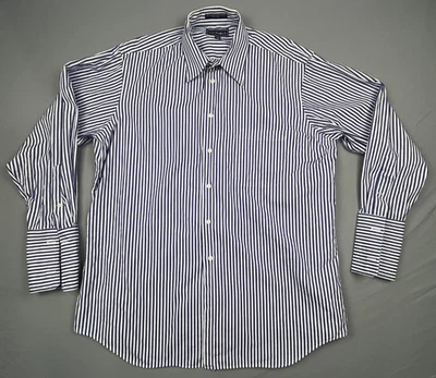 Paul Frederick Men's Cotton Dress Shirt 17-34, White Blue Striped, French Cuff - Image 1 of 4