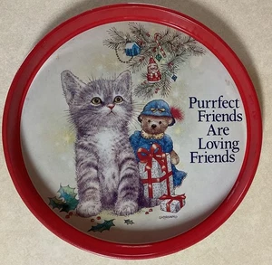 Bandeja de servir de metal de Navidad Grey Kitten & Friends 1992 de Giordano - Imagen 1 de 5