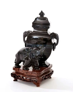 Vintage Chinese Blue Tiger's Eye Carved Carving Elephant Cover Vase Wood Stand - Picture 1 of 9