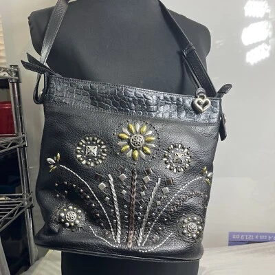 BRIGHTON HARRAH SUNFLOWER PRETTY TOUGH FLORAL STUDDED EMBOSSED RARE SHOULDER BAG - Image 1 of 4