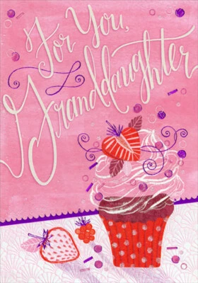Cupcake with White Frosting Outline and Strawberry Granddaughter Birthday Card - Image 1 of 2