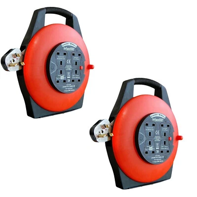 2x 4 Gang Extension Cable Reel 10m Red Mains Plug Socket Lead Heavy Duty Power - Image 1 of 4