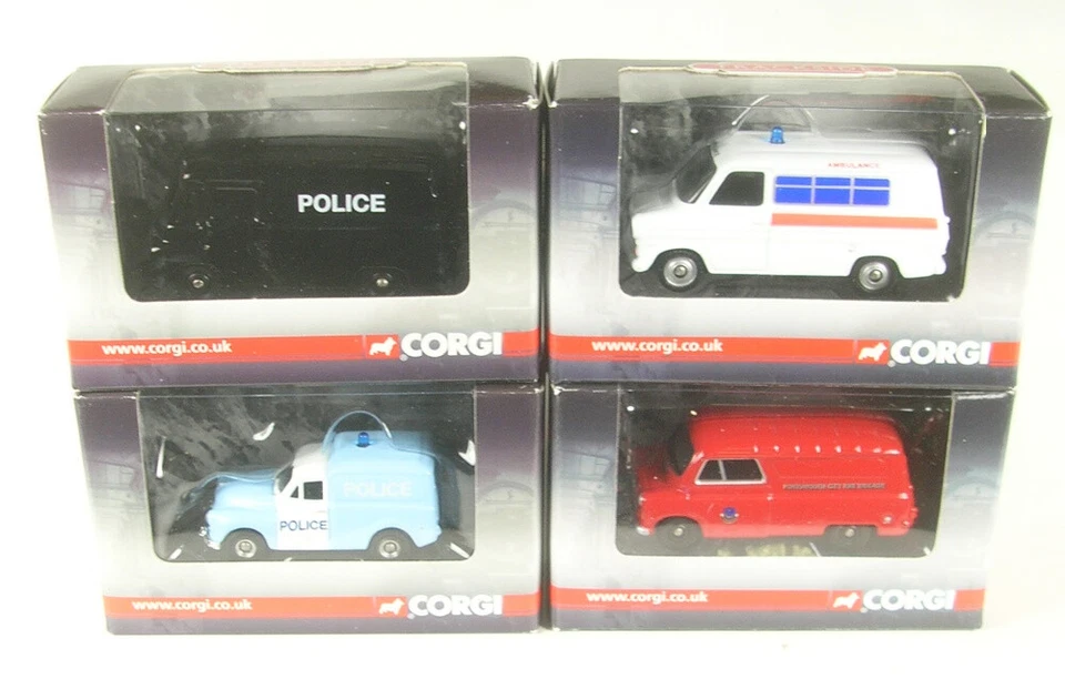 4 Pezzi Emergency Set Con Morris Ld Police Van, Morris 1000 Bedford - Immagine 1 di 1