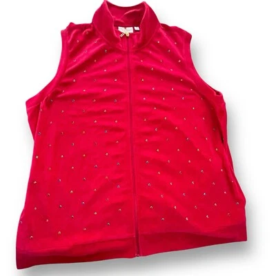 Quaker Factory Red Velour Multi-color Rhinestones Full Zip Vest Women’s Size 2X - Image 1 of 4