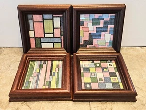 Glass Wood Framed Handmade Cross Stitch Entwined Shapes, Set Of 4 - Picture 1 of 5