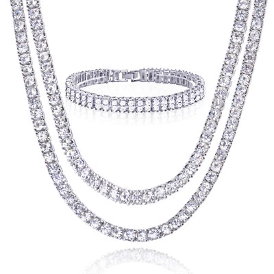 Мужская лед золото / серебро тонированный 18» / 22» двойной теннис цепочка и 8» браслет комплект   - Изображение 1 из 4