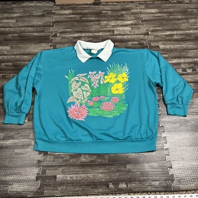 Sudadera vintage años 90 con cuello floral natural verde azulado 2XL DE COLECCIÓN Foto 1 de 4