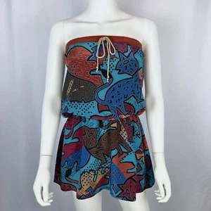 Super Lucky Cat Small Blue Abstract Print Recycled Strapless Mini Dress - Picture 1 of 8