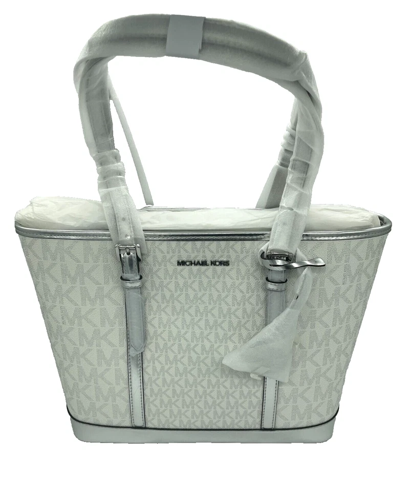 Michael Kors Jet Set Travel Small Metallic Logo Top-Zip Tote Bag Silver Zip