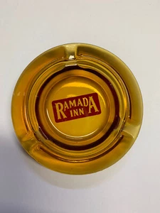 Vintage RAMADA INN GLASS ROUND ASHTRAY 4 IN Red Lettering Cigarettes - Picture 1 of 5
