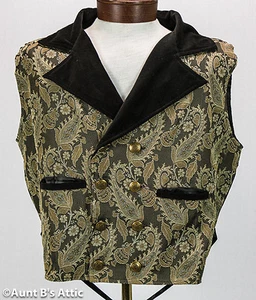 Steampunk Vest Men's Black & Tan Brocade & Velvet Double Breasted Full Back Vest - Picture 1 of 2