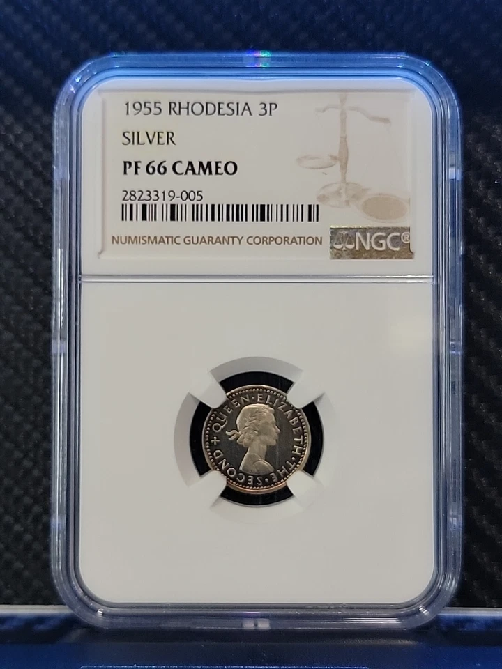 1955 NGC PF66 CAMEO PROOF SILVER RHODESIA & NYASALAND 3P THREE PENCE THREEPENCE - Image 1 of 3